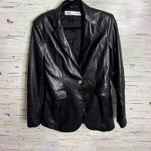Zara Faux Leather Blazer Jacket size medium black